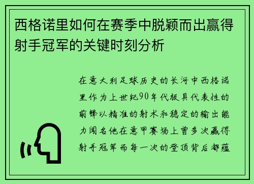 西格诺里如何在赛季中脱颖而出赢得射手冠军的关键时刻分析 西格诺里如何在赛季中脱颖而出赢得射手冠军的关键时刻分析